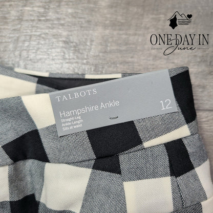 Talbots Hampshire Ankle Pants Black White Buffalo Plaid Straight Leg NWT Size 12