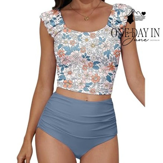 Eomenie Floral High Waist Ruffle Shoulder Tankini Swimsuit Size XL