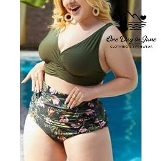 Hanna Nikole Plus Size High Waist Cross Front Bikini Swimsuit Size 12W