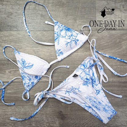 Volafa Smocked Triangle Tie Side Cheeky Bikini Swimsuit Blue Floral Size S