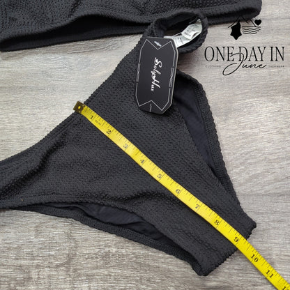 Soly Hux Smocked Textured Crop Bikini Swimsuit Black 2 Piece NWT Size S