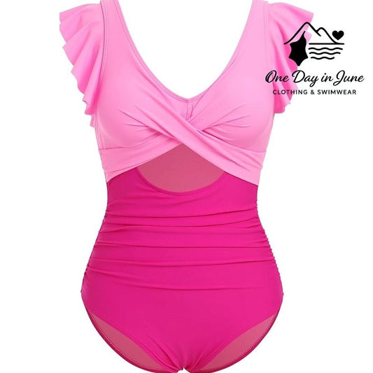 B2Prity Plus Size Ruffle Cross Front Cut Out One Piece Swimsuit Size 2XL