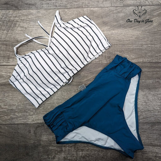 Joau Striped Lace Up Back Bikini Swimsuit Size L