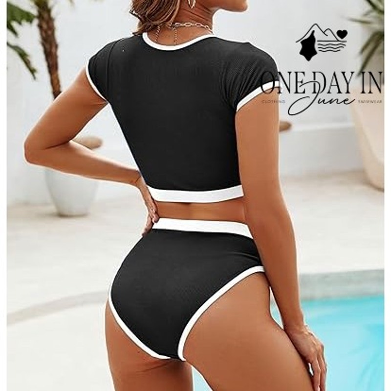 Jolefille Ribbed Short Sleeve Bikini Swimsuit Size L