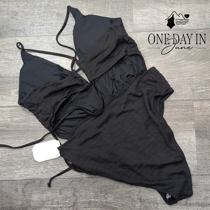 SOLY HUX Smocked Tie Back Cut Out One Piece Swimsuit Black NWT Size M