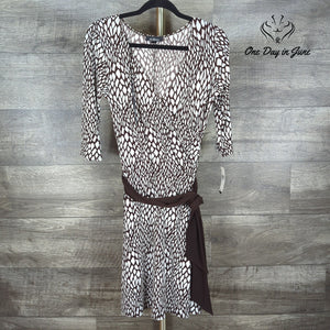 AGB Petite Abstract Print Faux Wrap Belted Midi Dress Brown White NWT Size 8P
