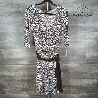 AGB Petite Abstract Print Faux Wrap Belted Midi Dress Brown White NWT Size 8P