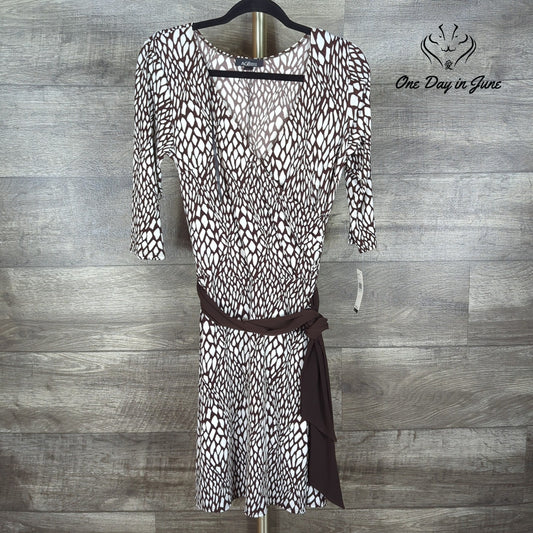 AGB Petite Abstract Print Faux Wrap Belted Midi Dress Brown White NWT Size 8P