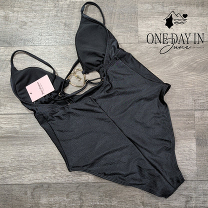 Juicy Couture Heart Front V Neck One Piece Swimsuit Size L