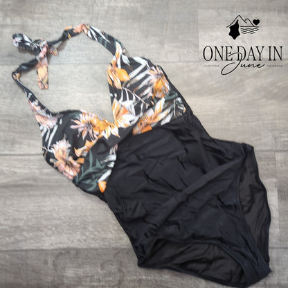 Suuksess Cross Front Halter One Piece Swimsuit Black Floral Size S