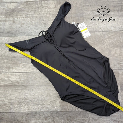 Bar III Core Solids Off Shoulder Lace Up One Piece Swimsuit Black NWT Size M