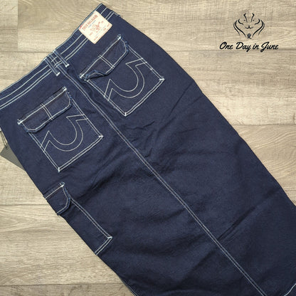 True Religion Denim Cargo Maxi Skirt Dark Wash Body Rinse NWT Size 29 (8)