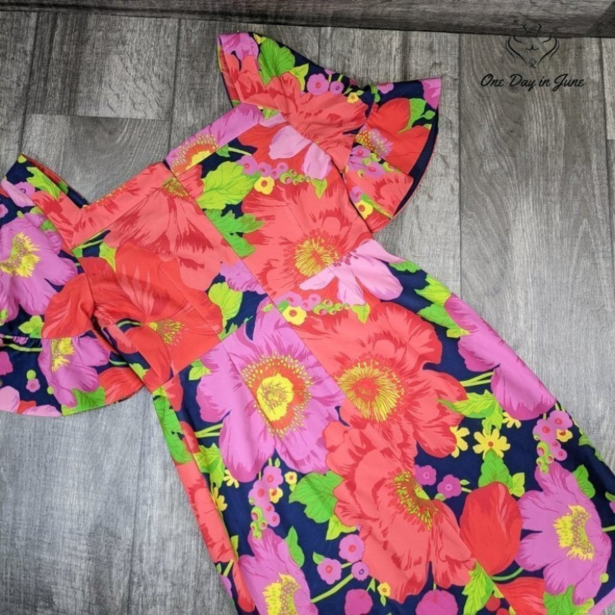 Trina Turk Kanan Poppy Indigo Floral Ruffle Sleeve Shift Dress NWT Size 4