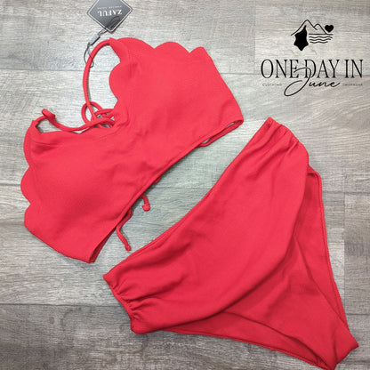 Zaful High Waist Scallop Ribbed Bikini Swimsuit Size XL