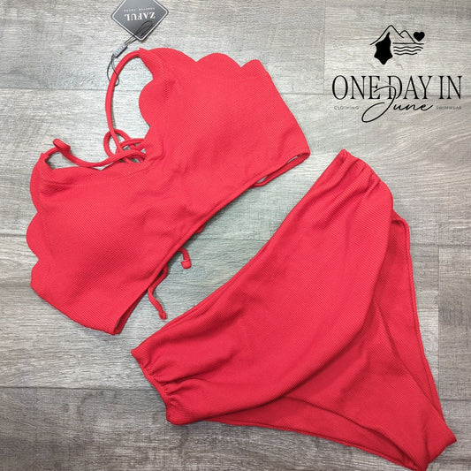 Zaful High Waist Scallop Ribbed Bikini Swimsuit Size XL