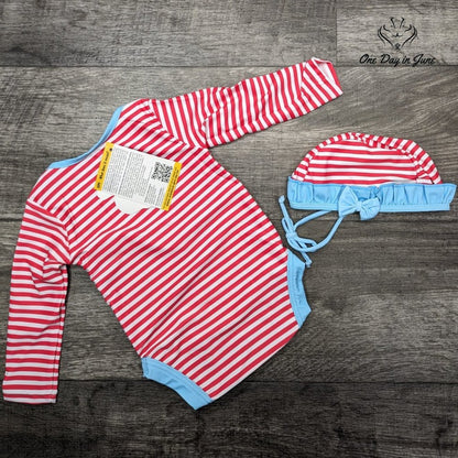 Bonverano Striped One Piece Swimsuit with Hat Size 6-9 Mths
