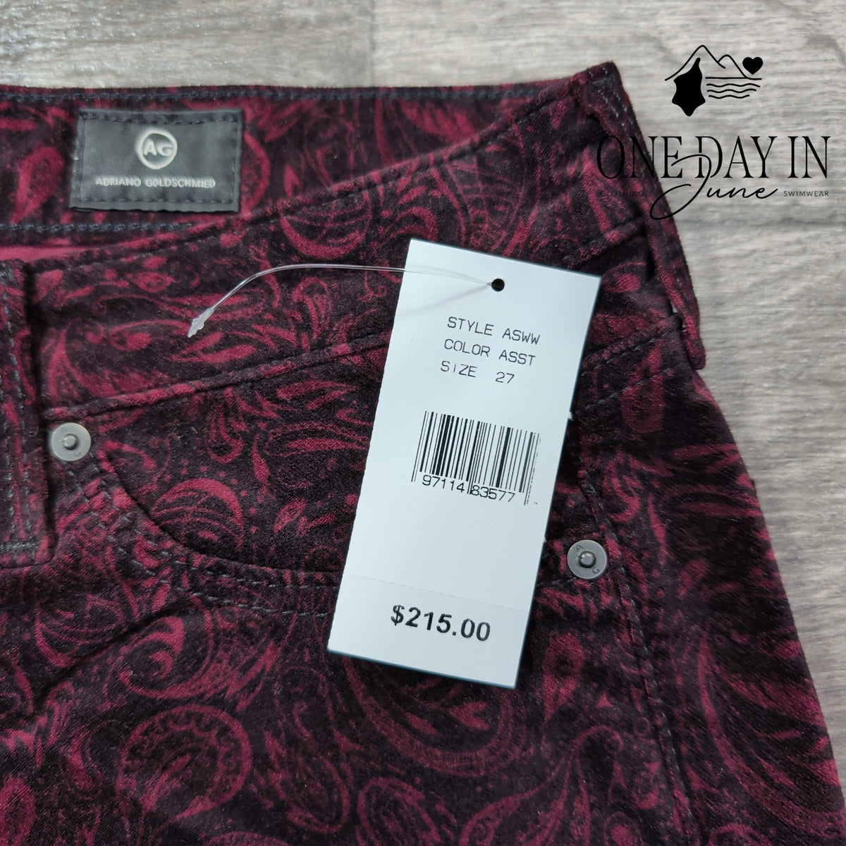 AG Adriano Goldschmied Prima Ankle Velveteen Jeans Burgundy Paisley NWT Size 4