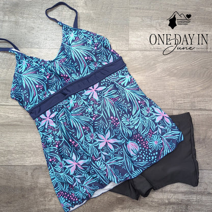 Zando Floral Tankini Swimsuit Boyshorts Navy Blue 2 Piece Size XL