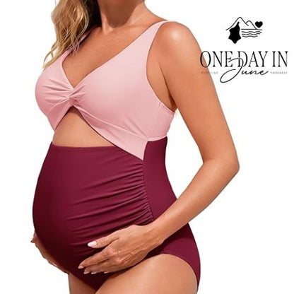 Summermae Maternity Twist Front Cutout One Piece Swimsuit Burgundy NWT Size L