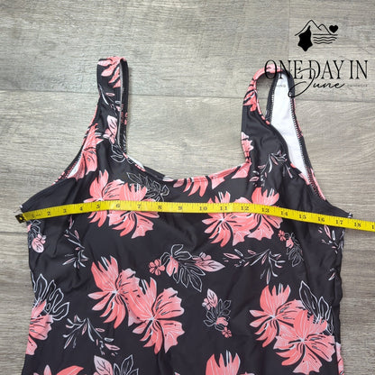 Zando Cross Back One Piece Swimsuit Black Pink Floral Size 2XL