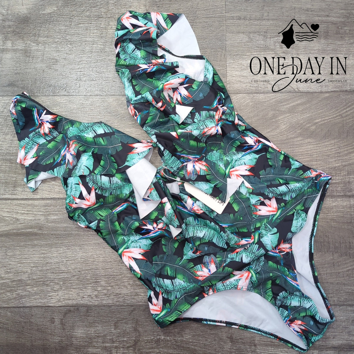 Sporlike Tropical Floral Ruffle Plunge V Neck One Piece Swimsuit NWT Size XL