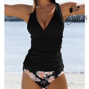 Beachsissi V Neck Ruched Cross Back Tankini Swimsuit Black Floral NWT Size L