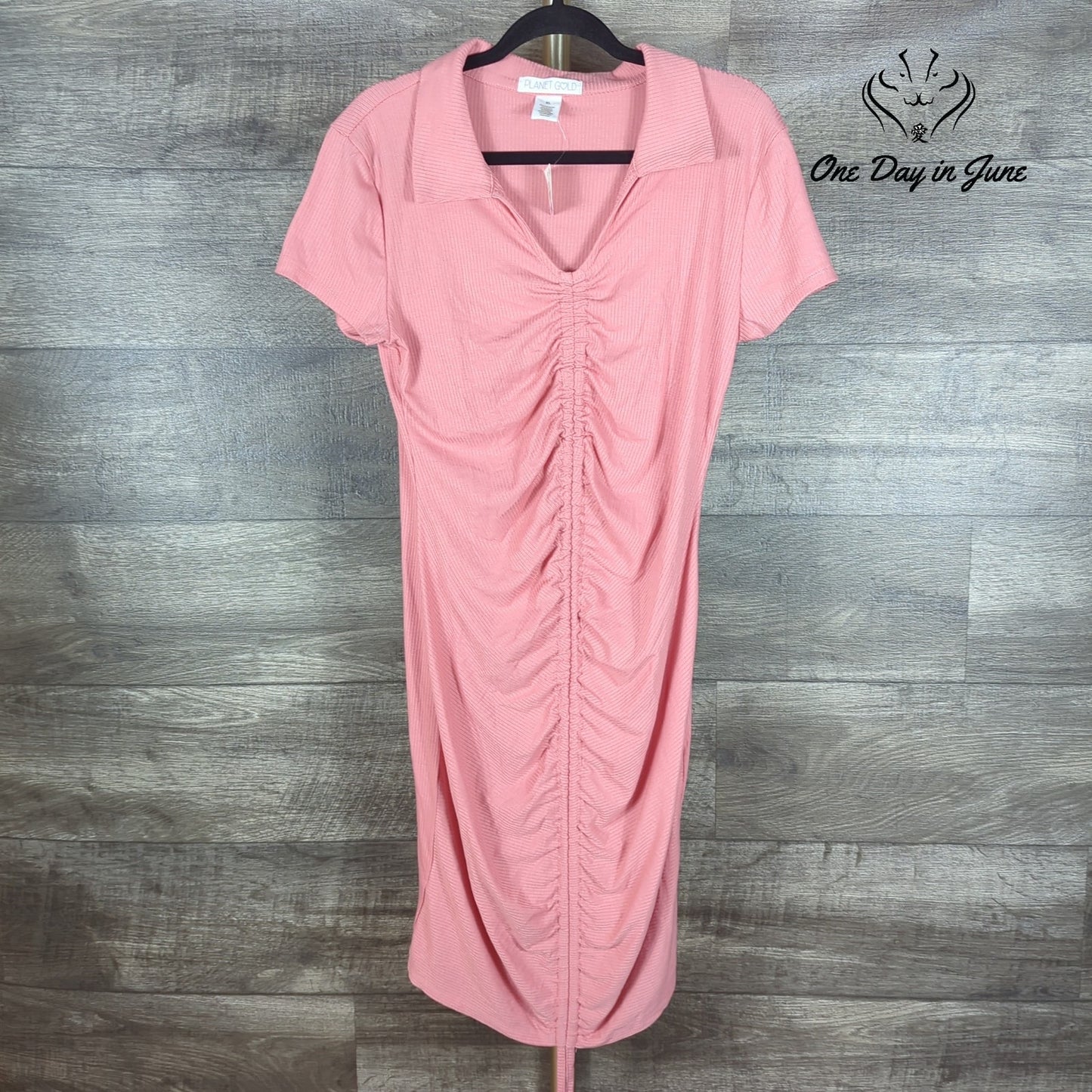 Planet Gold Short Sleeve Ribbed Ruched Midi Dress Size XL