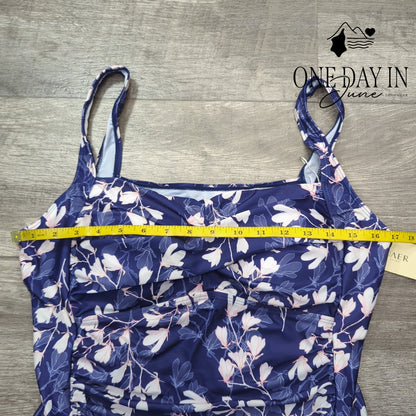 Ekouaer Cross Front Tummy Control One Piece Swimsuit Blue Floral NWT Size XXL