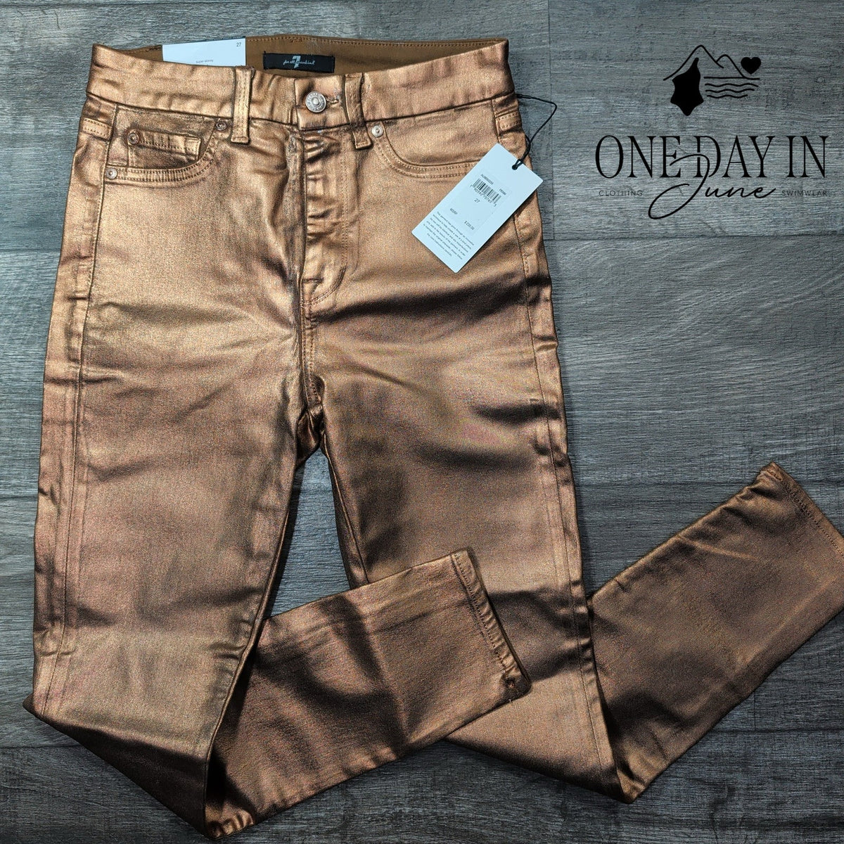 7 For All Mankind High Waist Ankle Skinny Jeans Bronze Metallic NWT Size 4 (27)