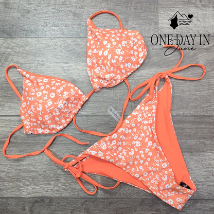 Zaful NWT Floral Triangle Bikini Orange White Tie Side String Swimsuit Size L