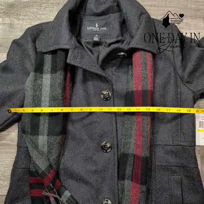 London Fog Wool Blend Pea Coat Plaid Scarf Charcoal Gray NWT Size M