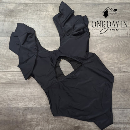 Aimage One Piece Swimsuit Black Ruffle Keyhole Cutout Padded NWT Size XL