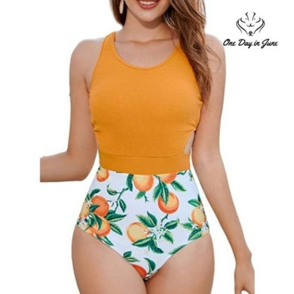 Molybell Floral Cutout One Piece Swimsuit Mustard Yellow High Waist NWT Size S