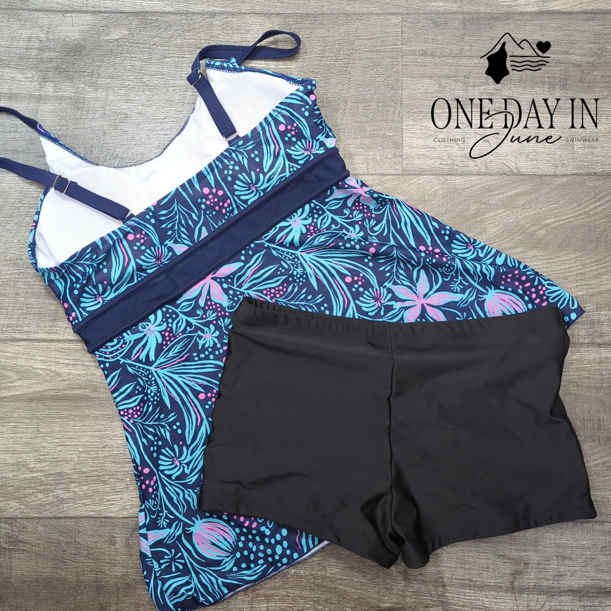 Zando Floral Tankini Swimsuit Boyshorts Navy Blue 2 Piece Size XL