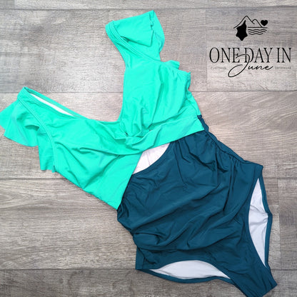 B2Prity Ruffle Cutout Tummy Control One Piece Swimsuit Teal NWT Size M
