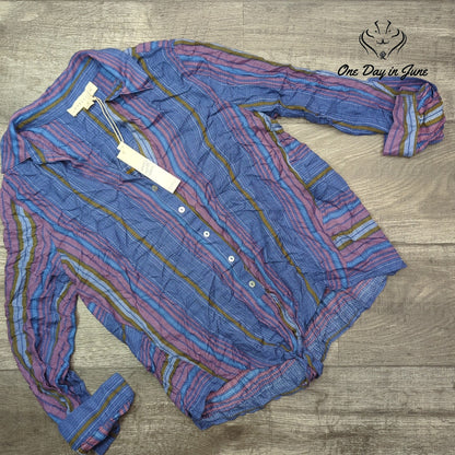 Lovestitch Striped Button Down Shirt Blue Pink Boho Long Sleeve NWT Size S