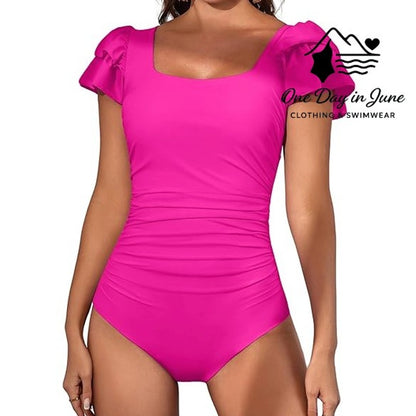 Eomenie Ruffle Shoulder One Piece Swimsuit Size M