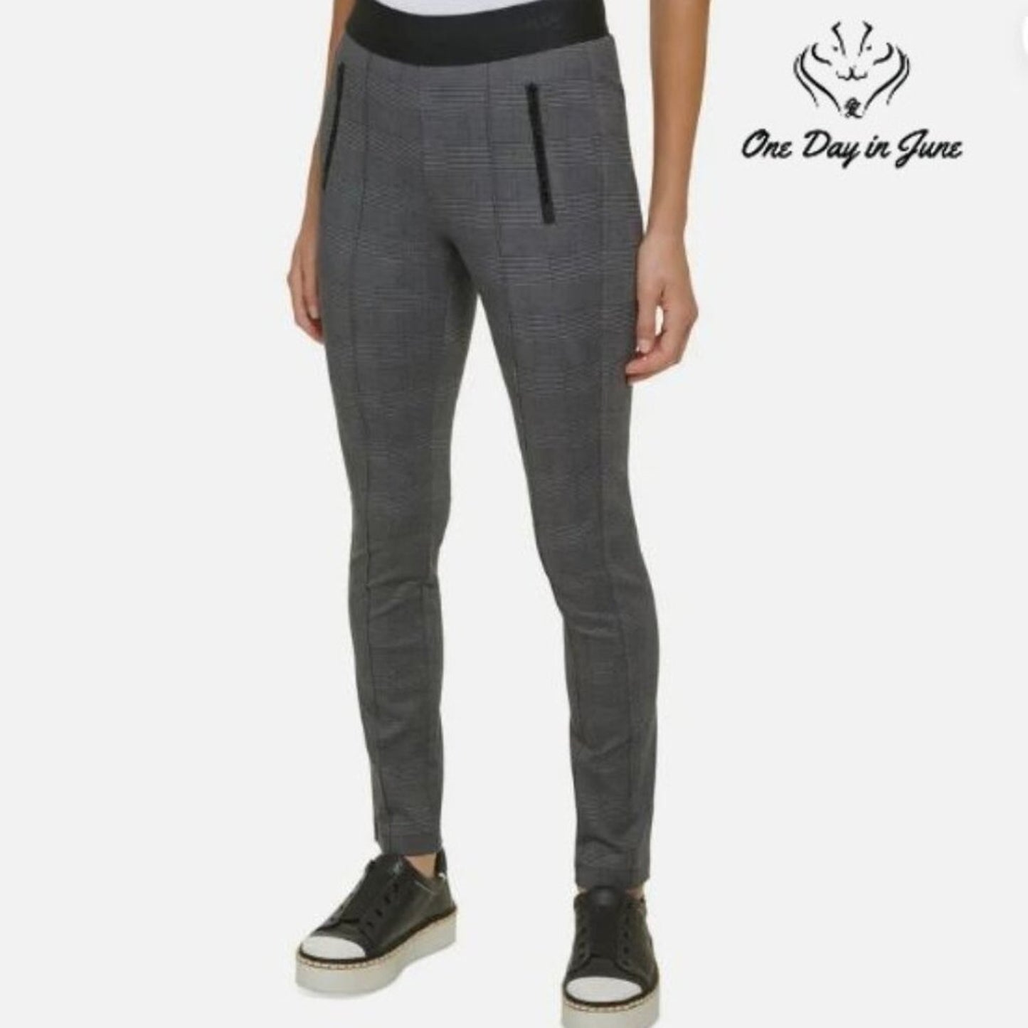 Karl Lagerfeld Paris Houndstooth Ankle Pants Gray Pull On Zip NW Size S