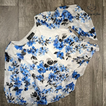 Alex Evenings Asymmetric Tiered Floral Chiffon Blouse Blue White NWT Size M