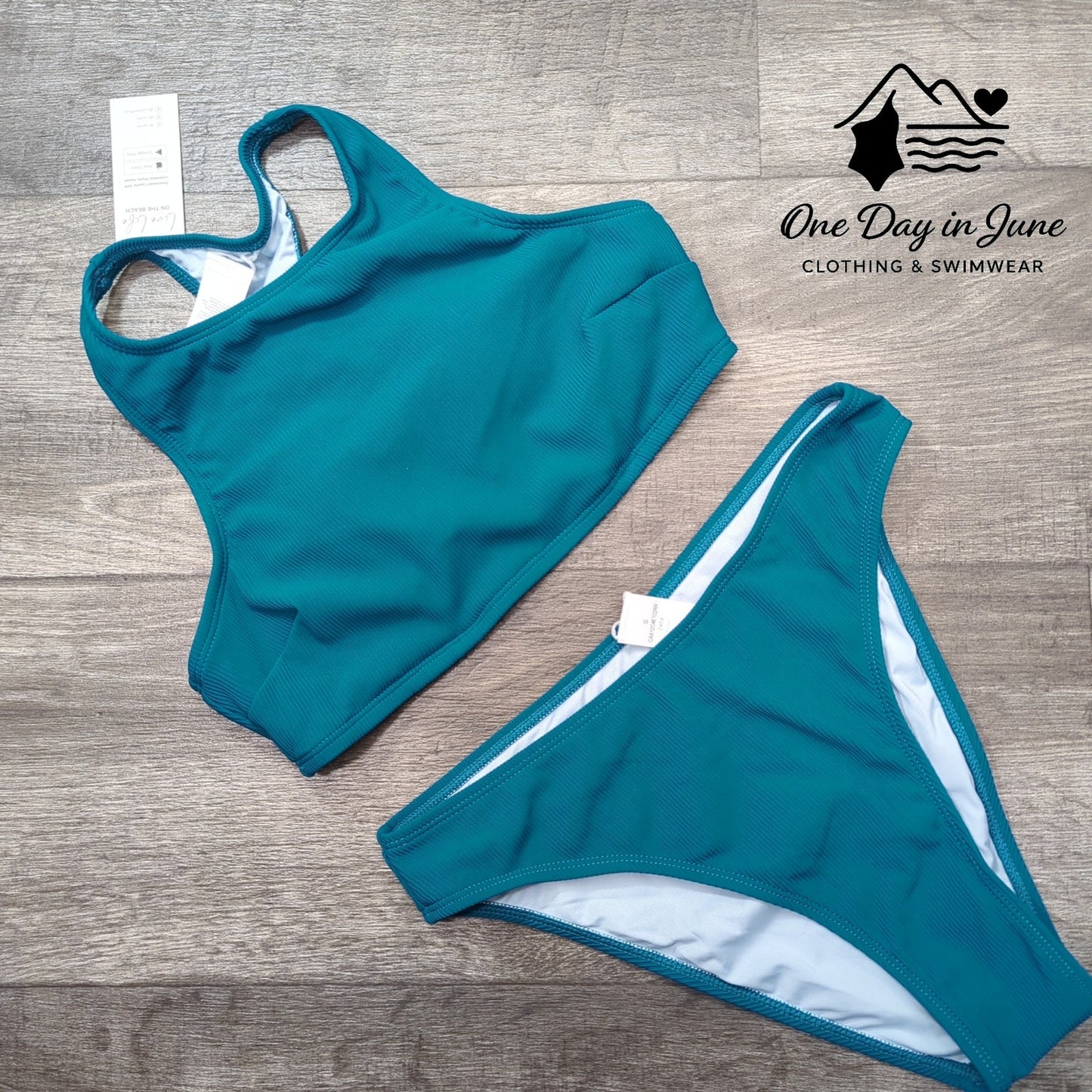 Cupshe Bikini Teal Ribbed High Neck Racerback Two Piece Swimsuit NWT Size S