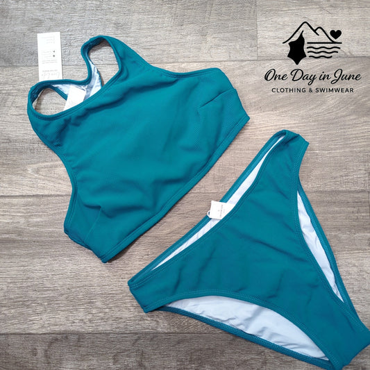 Cupshe Bikini Teal Ribbed High Neck Racerback Two Piece Swimsuit NWT Size S