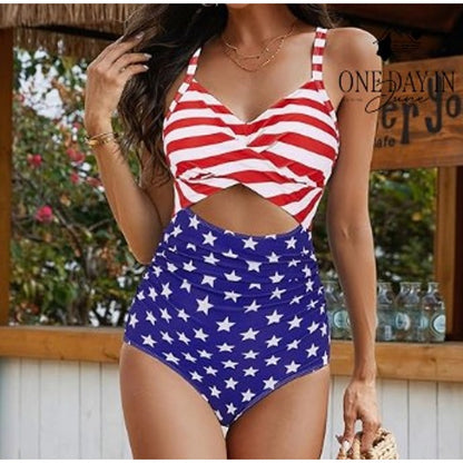 Vimpunec Cut Out Tie Back One Piece Swimsuit USA Flag Stars Stripes Size M