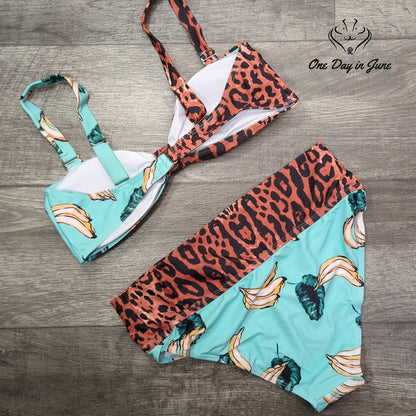 ODIJ Leopard Banana Print Knot Front High Waist Bikini Swimsuit Size XL