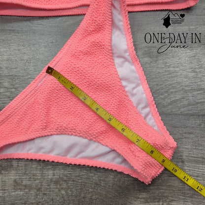 Aleumdr Smocked Textured Crop Bikini Swimsuit Neon Pink Size M