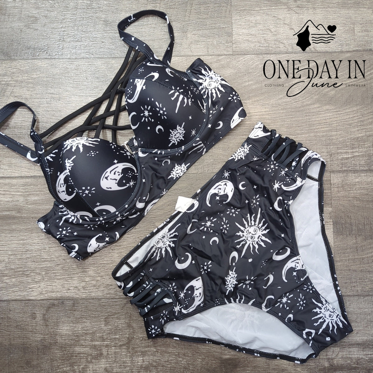 Aleumdr Celestial Print Cage Front High Waist Bikini Black White Size XL
