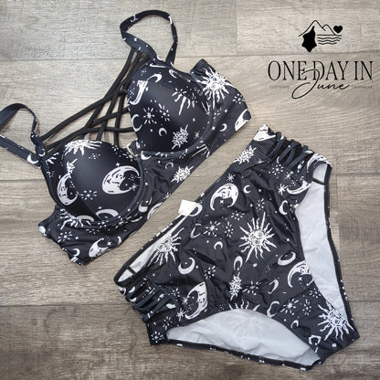 Aleumdr Celestial Print Cage Front High Waist Bikini Black White Size XL