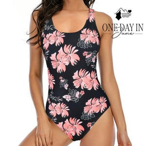 Zando Cross Back One Piece Swimsuit Black Pink Floral Size 2XL