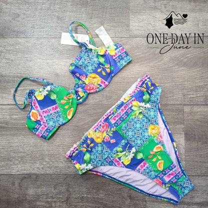 Cupshe Floral High Waist Underwire Bikini Set Ruffle Bottom NWT Size M