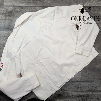 Dolan Anthropologie Floral Embroidered Denim Jacket Cream Size XL