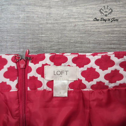 Loft Pink White Geometric Print Mini Skirt Gold Button Pockets Size 8